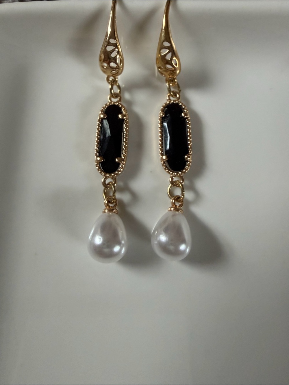 Gold Drop Earrings with Black Stone and Pearl Teardrop - Women's Jewelry